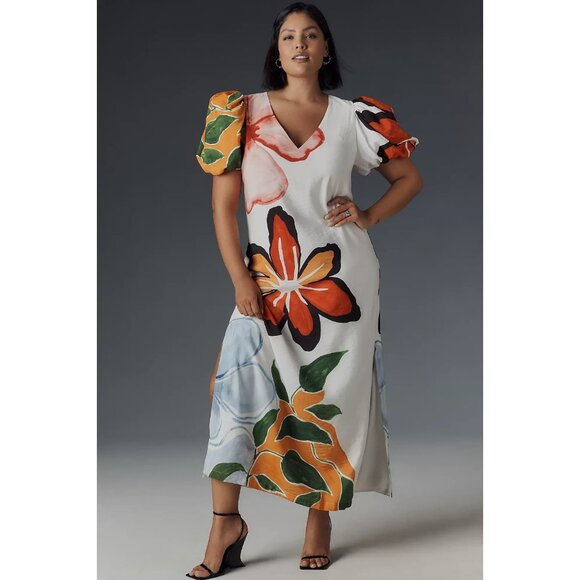 By Anthropologie Puff-Sleeve A-Line Maxi Dress 2X - Picture 1 of 4